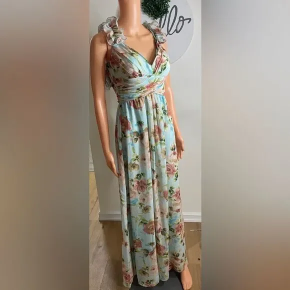 BETSY & ADAM Floral Print Ruffle Lace Back Gown Sz. 4 - Picture 5 of 11